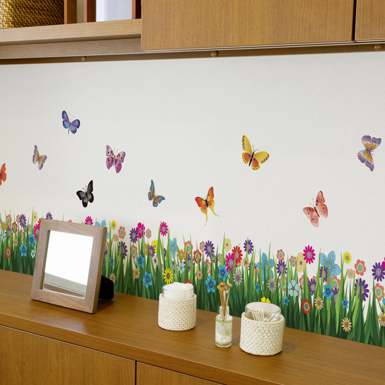 East Urban Home Colourful Butterflies Flower and Grasses Wall Sticker